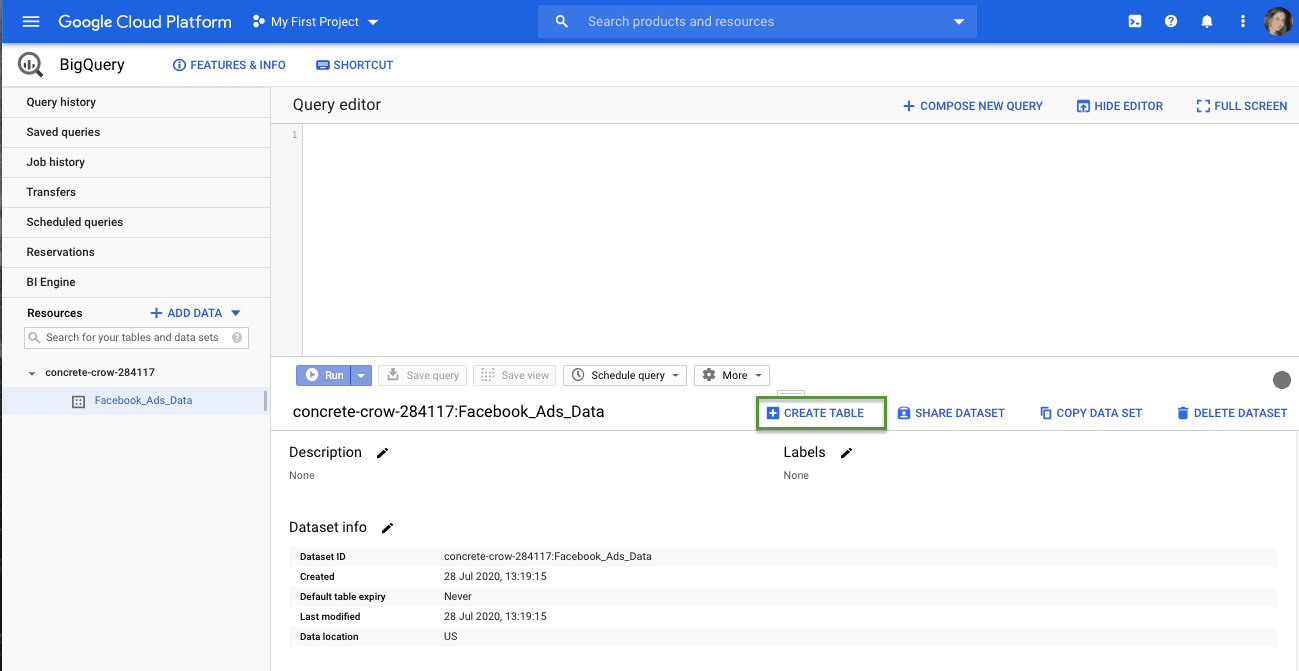 Facebook Ads to bigquery : Create Table